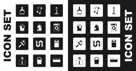Set Vacuum cleaner, Bottle for cleaning agent, Bucket with foam, Dustpan, Washer, Sponge, Trash can and Rubber windows icon. Vector