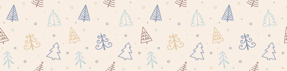 Christmas pattern with hand drawn trees. Panoramic header. Vector