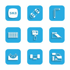 Set Action camera, Skateboard wheel, Cinema, park, Tool allen keys and icon. Vector