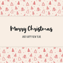 Christmas greeting card with hand drawn trees. Vector
