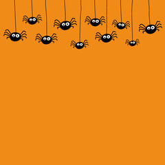 Background with creepy hanging spiders. Halloween card. Vector