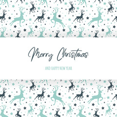 Christmas greeting card with silhouettes of reindeer and stars. Vector