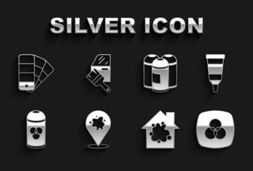 Set Paint spray, Tube with paint palette, RGB and CMYK color mixing, Painting the house, can, Color guide and Car painting icon. Vector