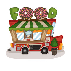 Isolated image of a cafe car on the street. Donuts, food, coffee shop on wheels. Colored flat cartoon illustration