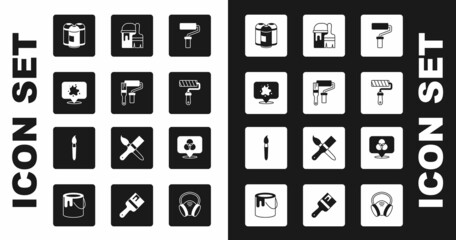 Set Paint roller brush, spray, can, bucket with, RGB and CMYK color mixing and icon. Vector