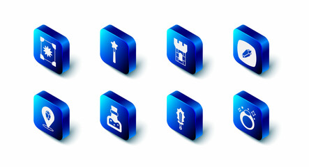 Naklejka premium Set Magic wand, Castle tower, stone, ring, sword fire, Bottle with potion, and Ancient magic book icon. Vector