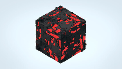 Abstract futuristic 3d isometric hi-tech future technology alien style cube object with black material and red bright color on white clear background
