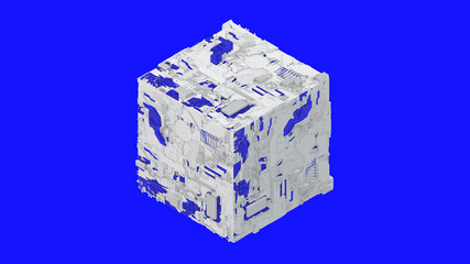 Abstract futuristic 3d isometric hi-tech future technology cyber style cube object with white clear material and blue bright color on blue background