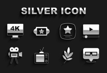 Set Retro tv, Online play video, 3D cinema glasses, Movie trophy, camera, Walk of fame star, Screen with 4k and Cinema ticket icon. Vector