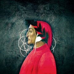 Dante Alighieri profile illustration on abstract geometric and weathered wall background