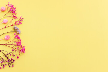 Obraz premium Top view image of pink and purple flowers composition over pastel yellow background .Flat lay