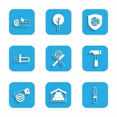 Set Wooden logs on a stand, Rasp metal file, Hammer, Hand saw, Chainsaw, and icon. Vector