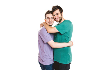 Young gay couple standing together over isolated background