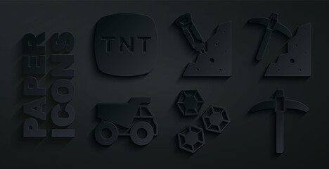 Set Gem stone, Pickaxe, Mining dump truck, Construction jackhammer and Dynamite icon. Vector © Kostiantyn
