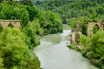 Fototapeta na wymiar Destroyed bridge over the Gallego river, Murillo de Gallego Huesca Aragon