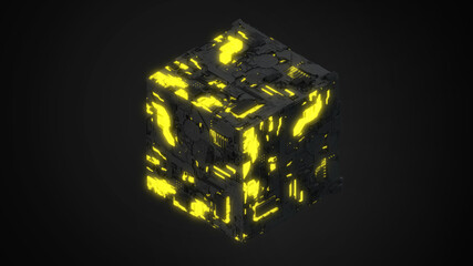 Abstract futuristic 3d isometric hi-tech future technology cyberpunk style cube object with black material and yellow glow neon bright light on dark background