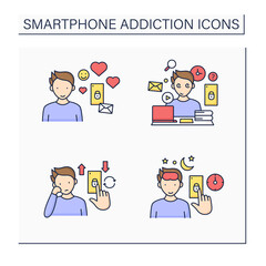 Smartphone addiction color icons set.Virtual relationship, information overload, boredom. Overwhelmed concept. Isolated vector illustrations