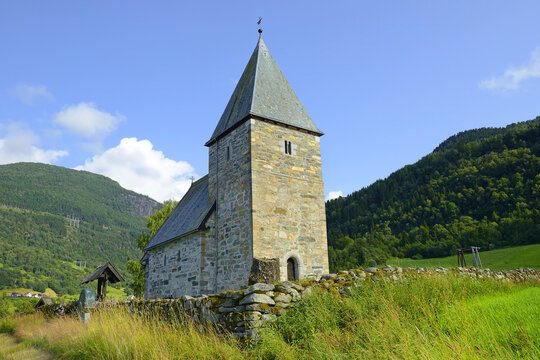 12-th century stone Hove Church (Hove kyrkje), a historic parish church in Vikoyri, Vik, Sogn og Fjordane county, Vestland county, Norway.