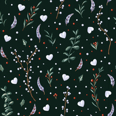 Seamless winter pattern with twigs and branches, leaves, red berries, snowballs on black background. Endless botanical background for wrapping paper, scrapbooking, gift wrapping, textile, decorations