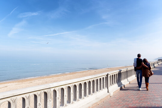 Walkway along the Cabourg Beach  in Normandy coast