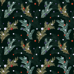 Digital hand painted seamless winter pattern with fir tree branches, and Christmas toys. Endless background for Happy New Year and Merry Christmas decor, wrapping paper, greeting cards, scrapbooking