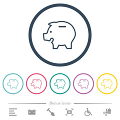 Left facing piggy bank outline flat color icons in round outlines