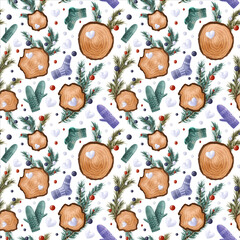 Seamless winter pattern with fir-tree branches, snowballs, Christmas toys, woodcut rings, knitted socks, and mittens on white background. Endless botanical background for wrapping paper, scrapbooking