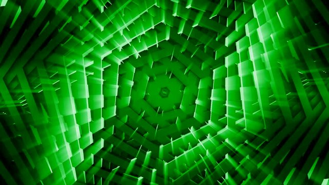 Hypnotic spiral with polygons and glow. Motion. 3D moving spiral of polygons. Hypnotic spiral of rotating hexagons and glow