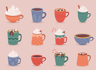 Autumn and winter hot drinks. Christmas hot drinks, hot chocolate, coffee. Vector illustration