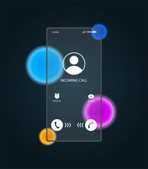 Phone screen in glassmorphism style. Anonymous call from unknown number. Transparent smartphone with blur. Mockup with buttons. Modern realistic vector illustration isolated on black background