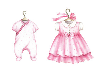 Pink clothes for baby girl.Watercolor hand painted illustrations isolated on white background.