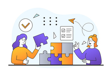 Teamwork and success concept. Businesswomen collect pieces of puzzle. Metaphor for creative thinking and effective cooperation. Cartoon doodle flat vector illustration isolated on white background