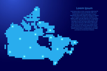 Canada map silhouette from blue square pixels and glowing stars. Vector illustration.