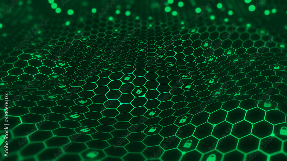 Fototapete secured network 3d illustration. protection of private data. hexagonal clusters of quantum architect