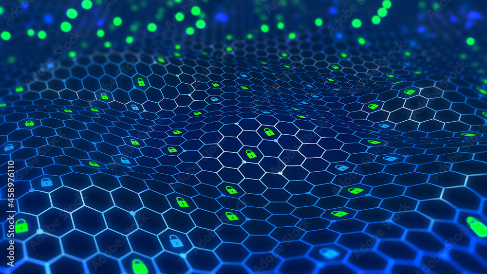Poster secured network 3d illustration. protection of private data. hexagonal clusters of quantum architect
