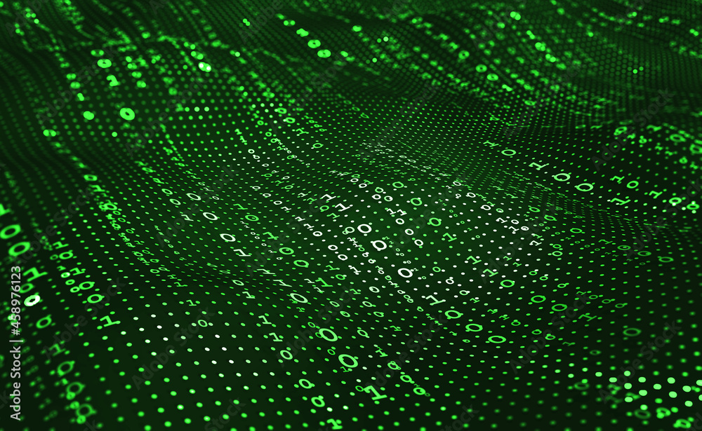 Poster Waves of computer code. Binary code big data. Internet technologies of the future, the flow of open data. Wireless transmission of information. Sorting binary code 3d illustration