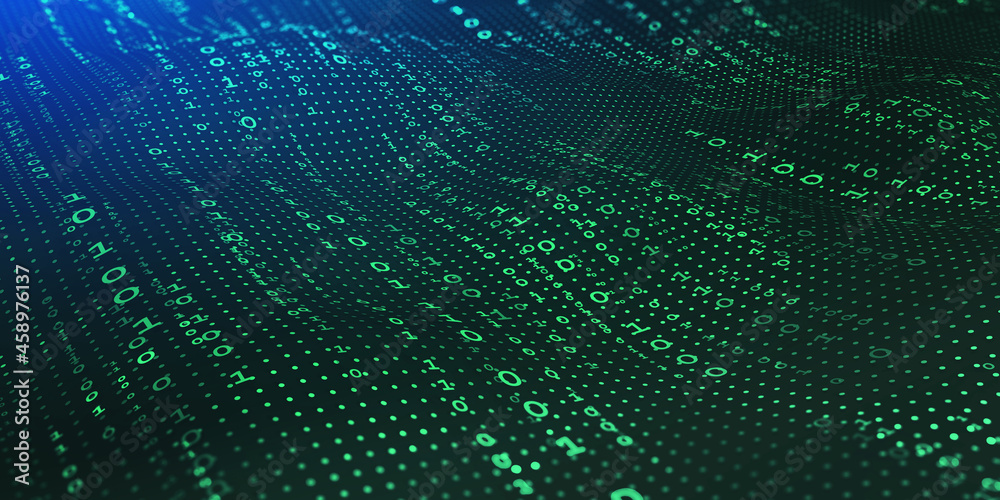 Poster Waves of computer code. Binary code big data. Internet technologies of the future, the flow of open data. Wireless transmission of information. Sorting binary code 3d illustration