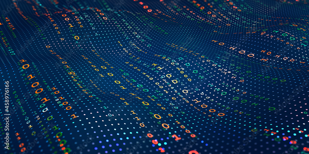 Fototapete Waves of computer code. Binary code big data. Internet technologies of the future, the flow of open data. Wireless transmission of information. Sorting binary code 3d illustration