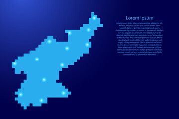 North Korea map silhouette from blue square pixels and glowing stars. Vector illustration.