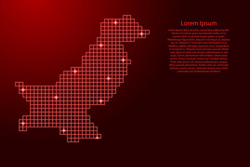 Pakistan map silhouette from red mosaic structure squares and glowing stars. Vector illustration.
