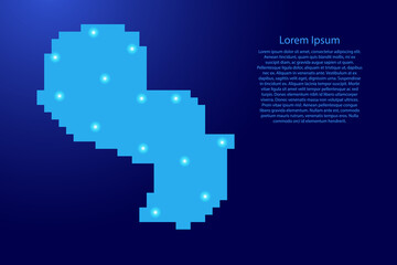 Fototapeta premium Paraguay map silhouette from blue square pixels and glowing stars. Vector illustration.