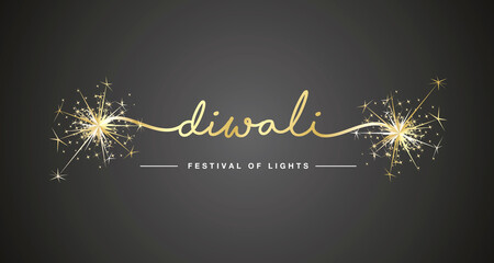 Diwali festival of light gold handwritten calligraphy typography sparkle firework black background