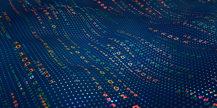 Waves of computer code. Binary code big data. Internet technologies of the future, the flow of open data. Wireless transmission of information. Sorting binary code 3d illustration