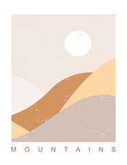 Mountains View Print with Blush Pink Sky and Sun. Abstract Modern Mountainside Vector Illustration ideal for Wall Art, Poster, Card. Landscape With Fields and Hills. The Wilds.