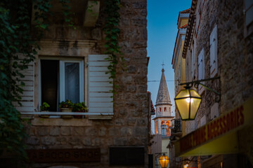 Budva old town street at night