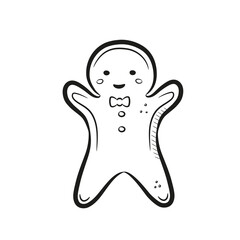 Cute hand drawn christmas gingerbread man. New year  cookies in doodle style. Vector illustration isolated on white background. 