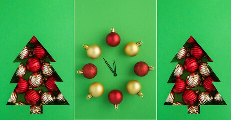 Christmas collage.Christmas tree cut out on the green background and clock with red and gold balls. Close-up.