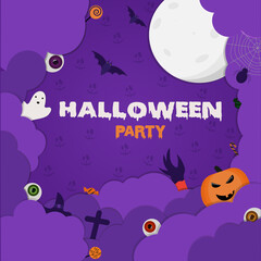Halloween decorative banner or party invitation vector background. Candies, pumpkins, flying bats, spider and with other ornaments on purple background. Fool moon and clouds in paper cut style