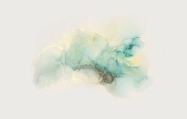 Art Abstract smoke painting blots horizontal background. Alcohol ink blue, beige and gold glitter...