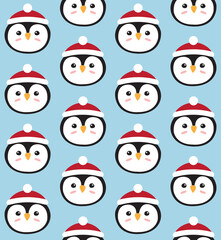 Vector seamless pattern of flat cartoon hand drawn penguin face in hat isolated on blue background